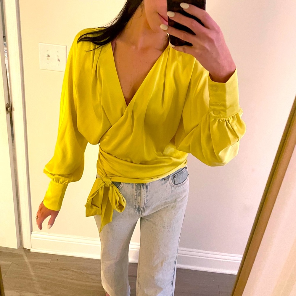 Neon Green surplice silk top with tie waist